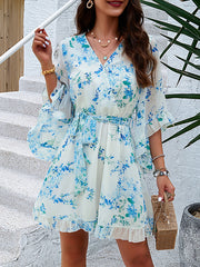 Flared Sleeves Half Sleeves Flower Print Ruffle Trim Split-Joint Tied Waist V-Neck Mini Dresses