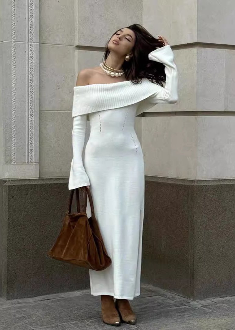 Off-Shoulder Elegance - Ribbed Knit Maxi Dress