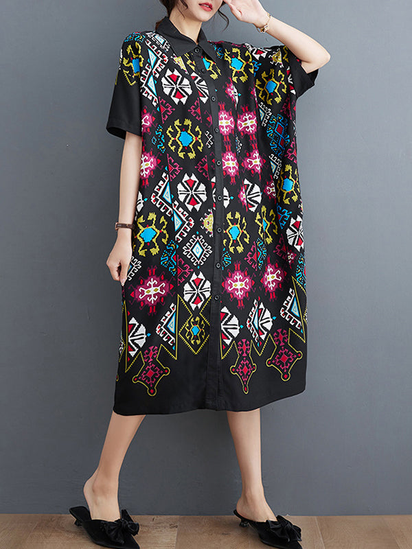 Loose Short Sleeves Ethnic Printed Lapel Midi Dresses