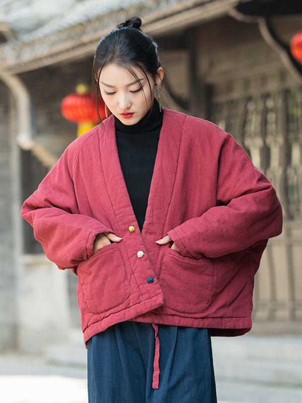 Vintage Loose Long Sleeves Keep Warm V-Neck Padded Coat