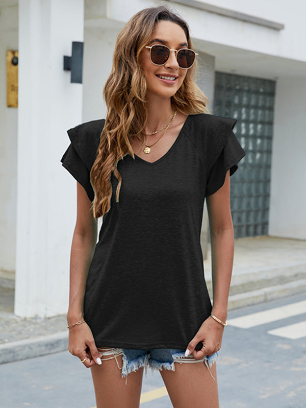 Casual Short Sleeves Falbala Solid Color V-Neck T-Shirts Tops