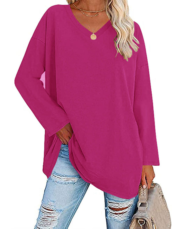 Long Sleeves Loose See-Through Solid Color Split-Joint V-Neck T-Shirts