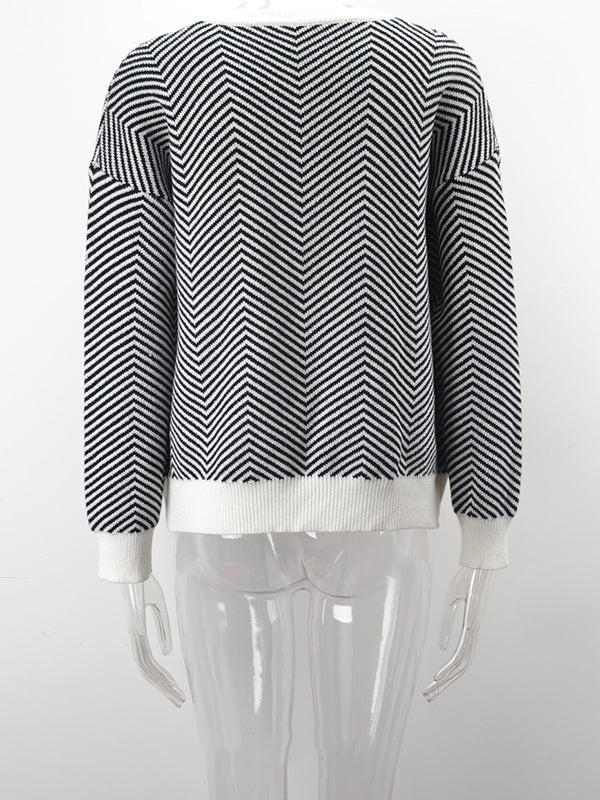 Long Sleeves Loose Striped Round-Neck Knitwear Pullovers Sweater Tops