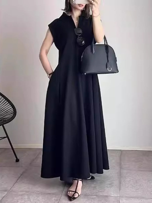 Loose Raglan Sleeve Pleated Solid Color Lapel Maxi Dresses