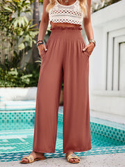 Loose Wide Leg Elasticity Pockets Ruffle Trim Solid Color Pants Trousers