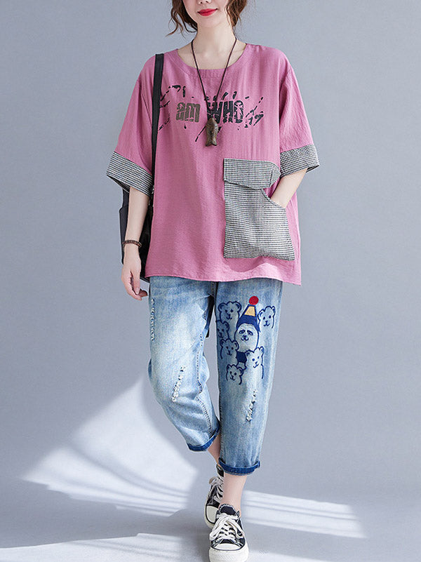 Original Letter Print Split-Joint Round-Neck T-Shirts Tops