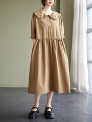 Original Loose Solid Color Buttoned Pleated Midi Dress