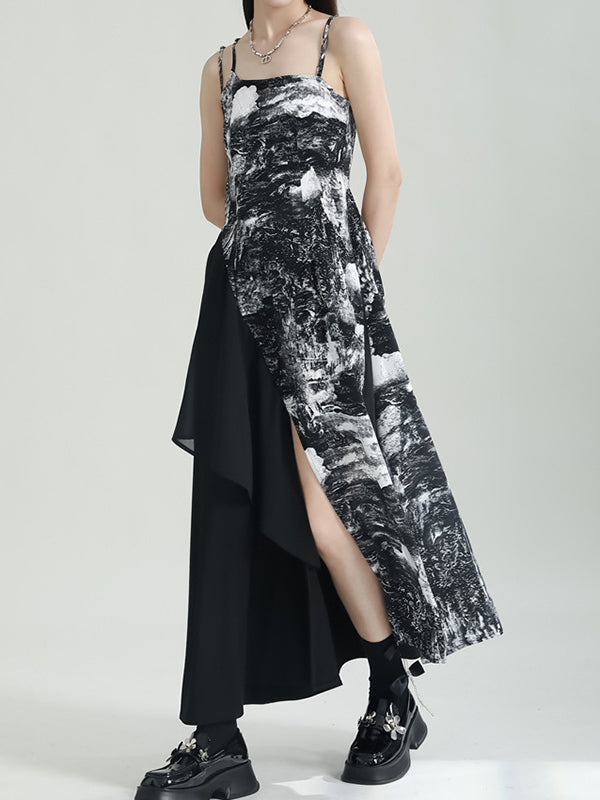 Loose Sleeveless Asymmetric Printed Split-Joint Spaghetti-Neck Midi Dresses Slip Dress