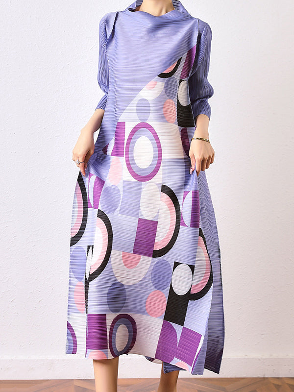 Fashion Loose Geometric Printed Pleated Midi Dress