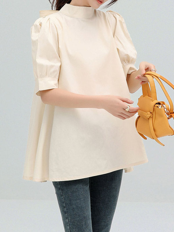 Half Sleeves Loose Bowknot Pleated Solid Color Mock Neck Blouses&Shirts Tops