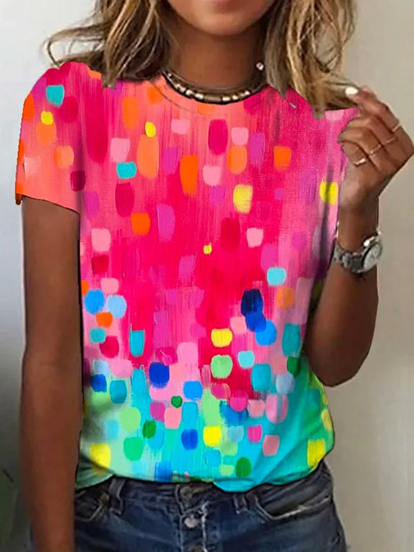 Short Sleeves Gradient Printed Round-Neck T-Shirts Tops