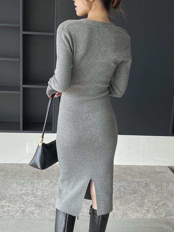 Simple Skinny Long Sleeves Solid Color Square-Neck Sweater Dresses