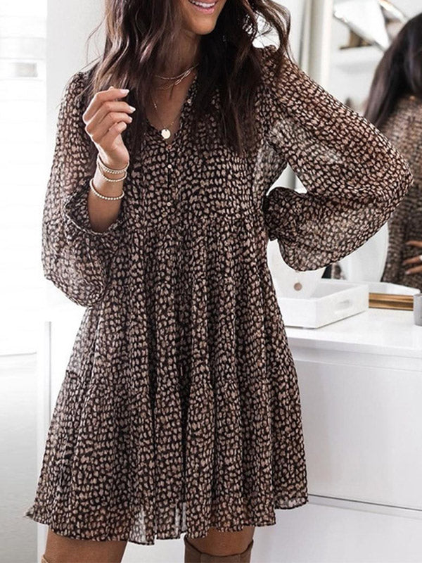 Long Sleeves Loose Buttoned Leopard Pleated V-Neck Mini Dresses