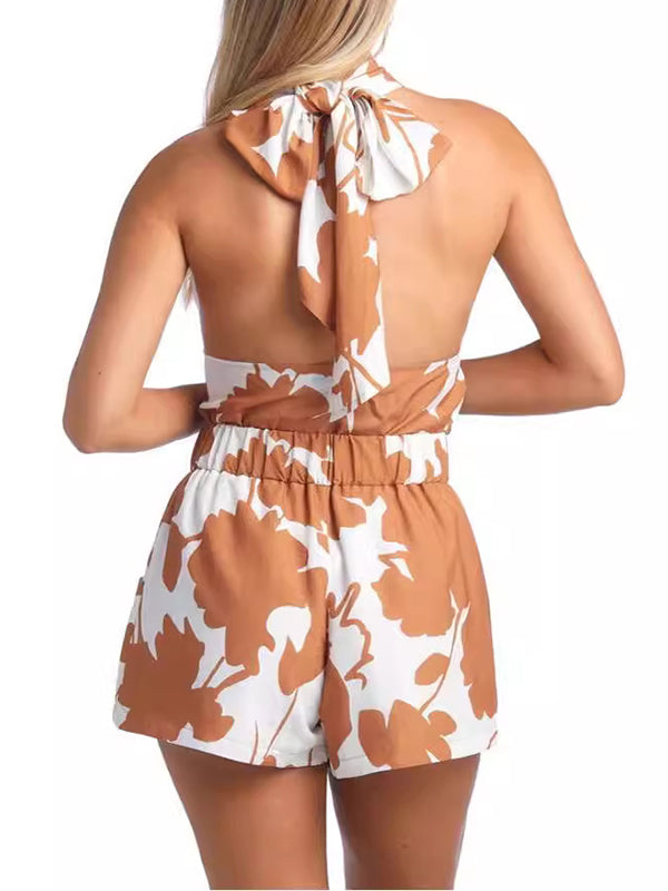 Loose Backless Flower Print Tied Halter-Neck Vest Top + Elasticity Pockets High Waisted Shorts Bottom Two Pieces Set