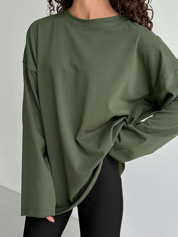 Long Sleeves Loose Solid Color Round-Neck T-Shirts Tops