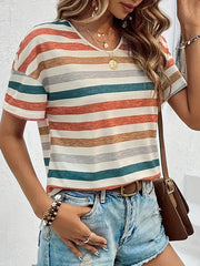 Loose Short Sleeves Striped Round-Neck T-Shirts Tops