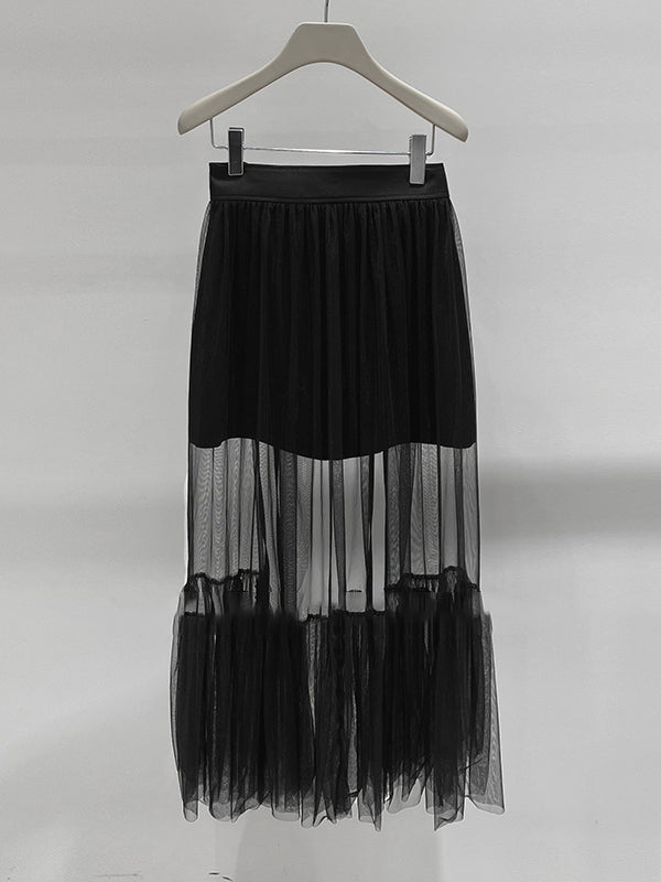 A-Line High Waisted Pleated See-Through Split-Joint Tulle Skirts Bottoms