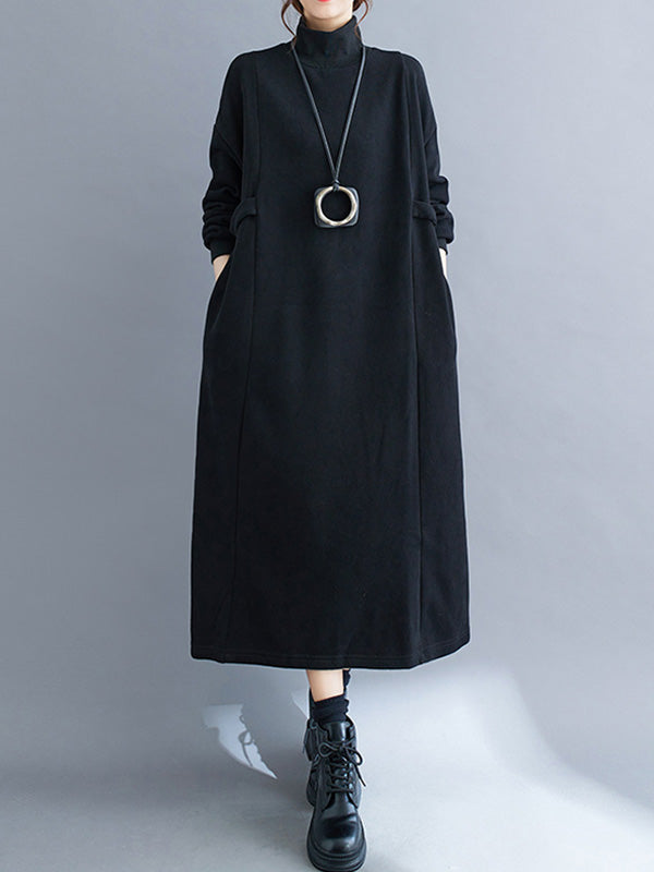 A-Line Long Sleeves Solid Color Mock Neck Midi Dresses