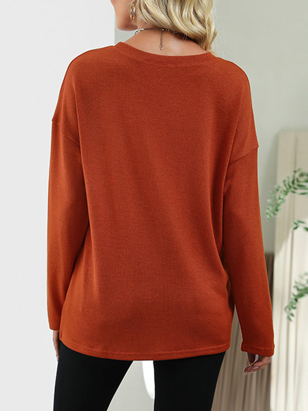 Long Sleeves Loose Asymmetric Drawstring Hollow Solid Color Round-Neck T-Shirts Tops