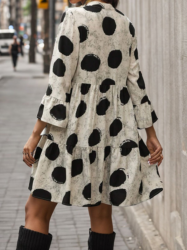 A-Line Flared Sleeves Pleated Polka-Dot Split-Joint V-Neck Mini Dresses