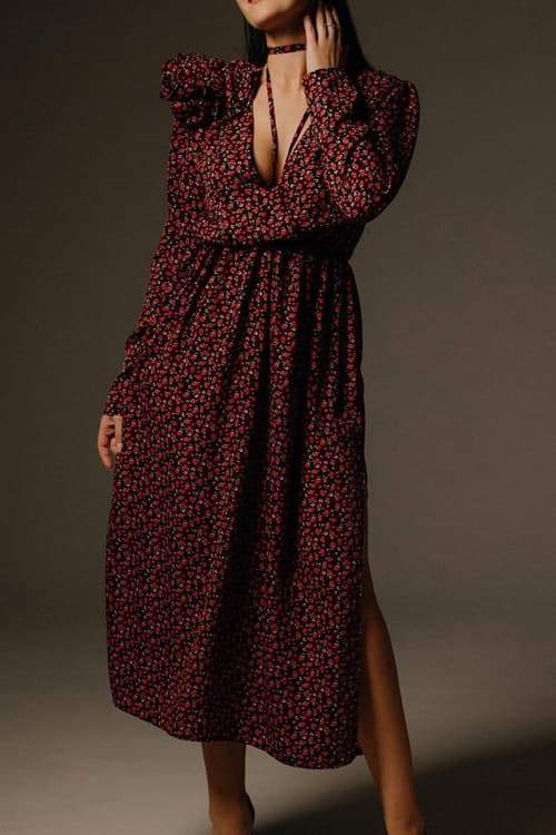 Bertha Flower V Neck Midi Dress