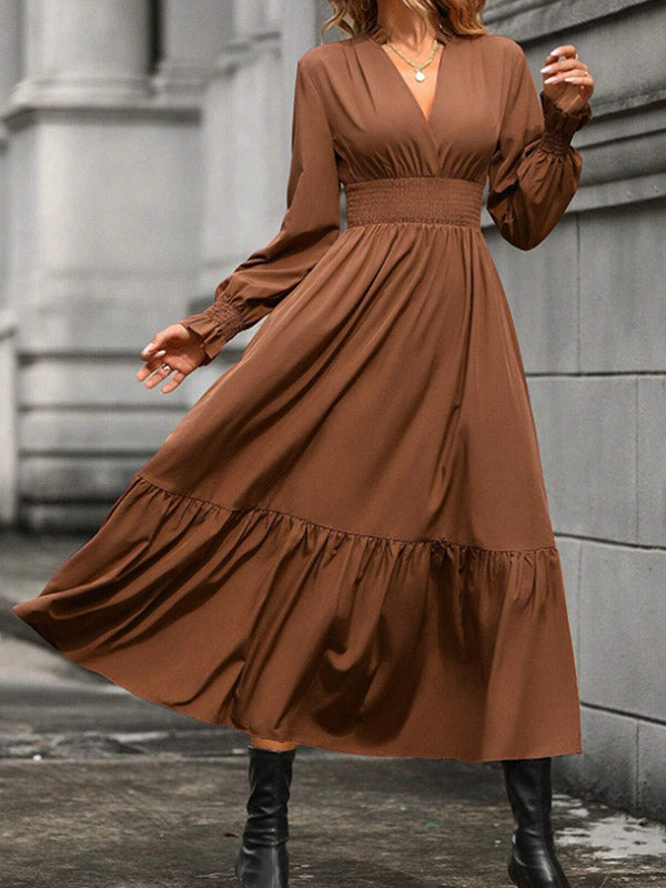 A-Line Flared Sleeves Elasticity Pleated Solid Color V-Neck Midi Dresses