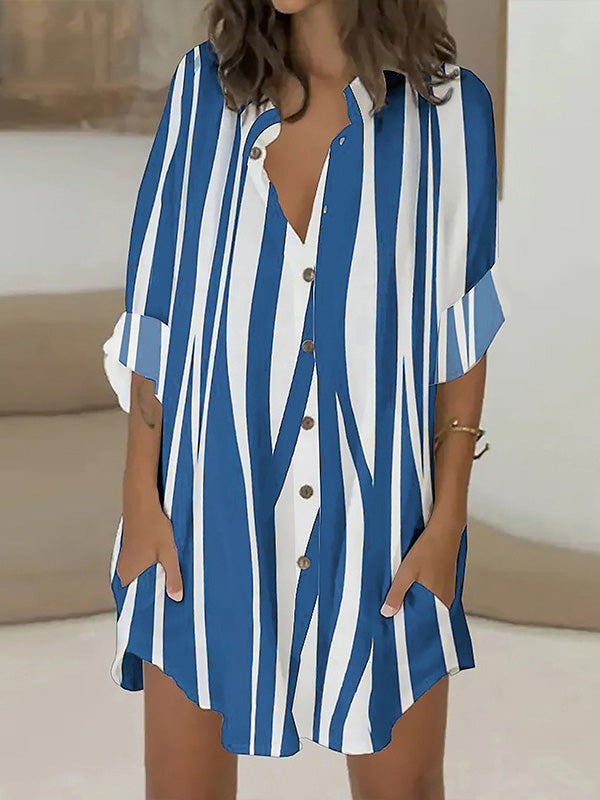 Long Sleeves Loose Buttoned Striped Lapel Mini Dresses Shirt Dress