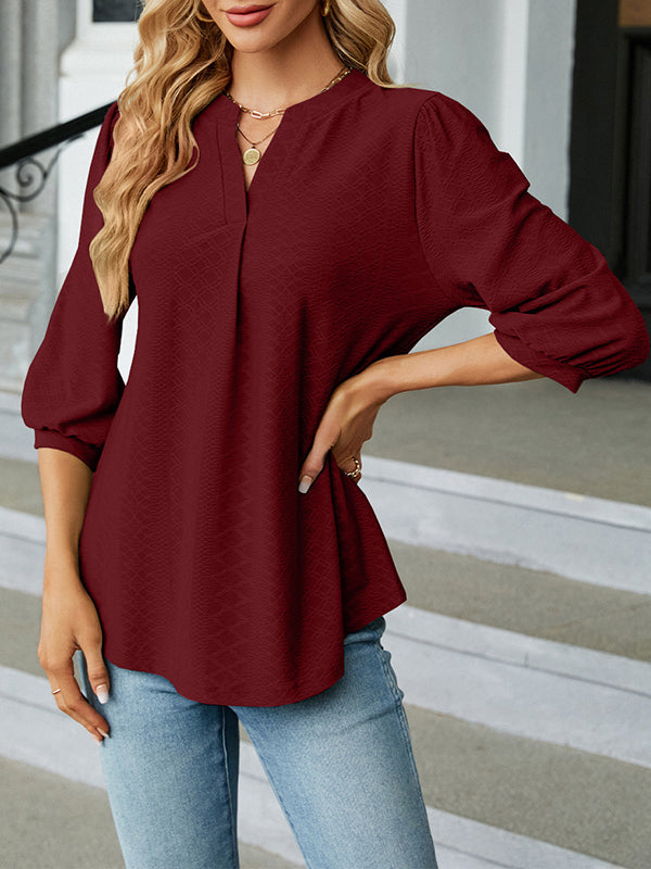 Loose Puff Sleeves Jacquard Pleated Solid Color Split-Joint V-Neck T-Shirts Tops