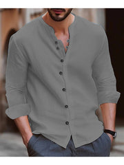 Men's Cotton Linen Henley Shirt Casual Long Sleeve Shirts