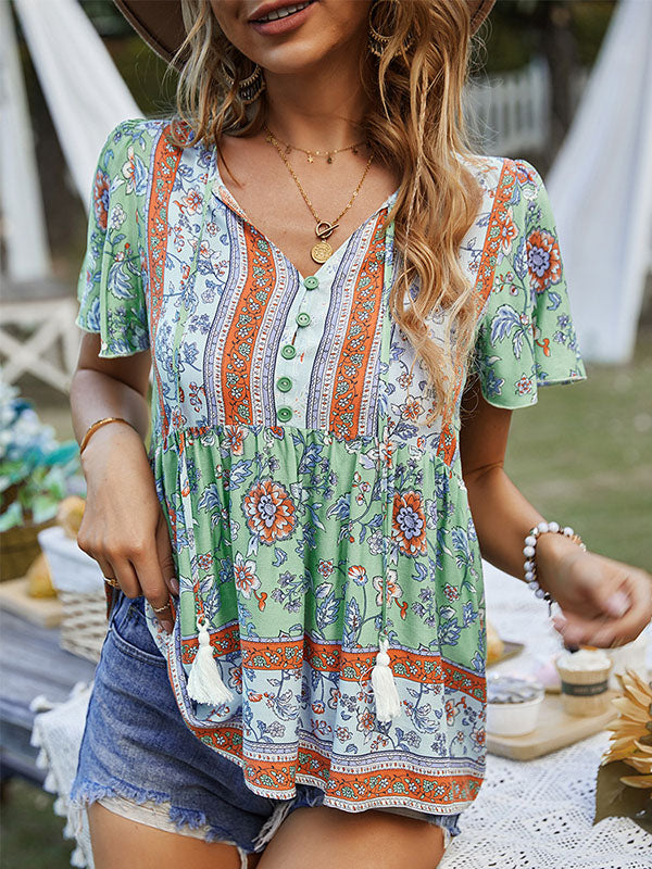 Loose Short Sleeves Buttoned Flower Print Split-Joint Tasseled Tied V-Neck T-Shirts Tops