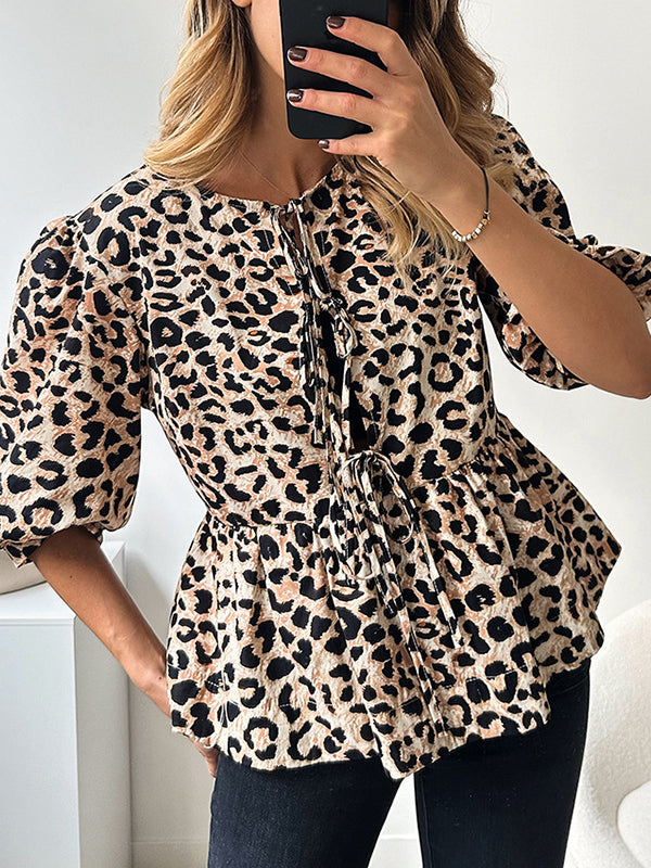 Half Sleeves Loose Elasticity Leopard Pleated Split-Joint Tied Round-Neck Blouses&Shirts Tops