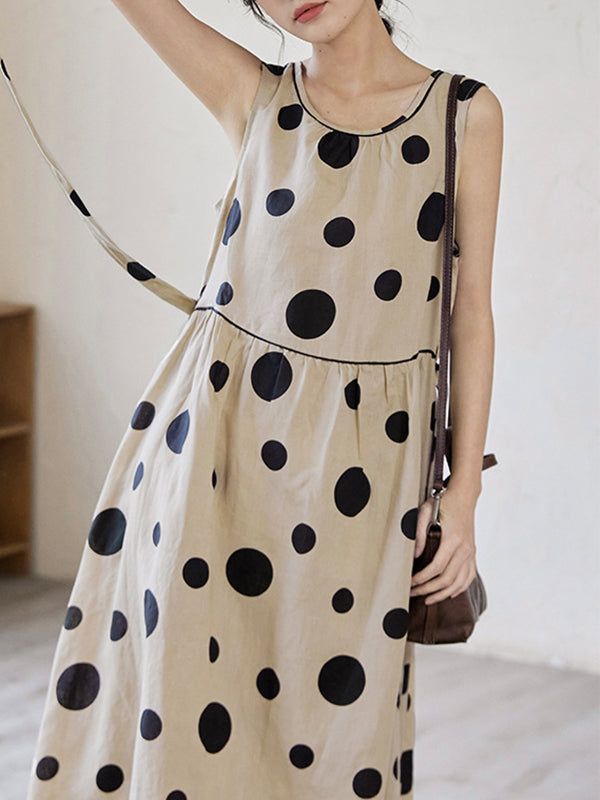 Loose Sleeveless Contrast Color Pleated Polka-Dot Split-Joint Tied Waist Round-Neck Midi Dresses