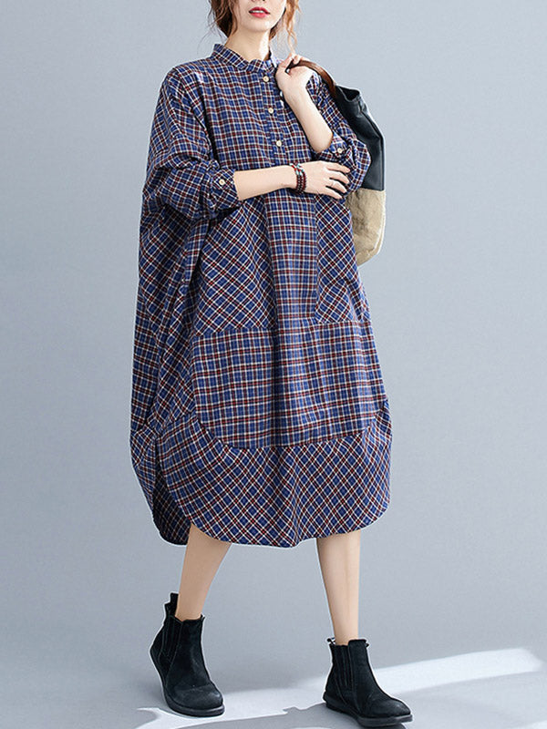 Vintage Plaid Irregularity Shirt Dresses