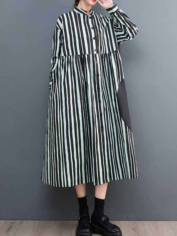 Long Sleeves Loose Buttoned Split-Joint Striped Mock Neck Midi Dresses