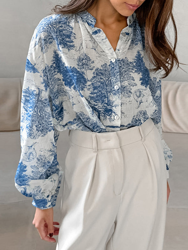 Loose Puff Sleeves Floral Printed Pleated Split-Joint Stand Collar Blouses&Shirts Tops