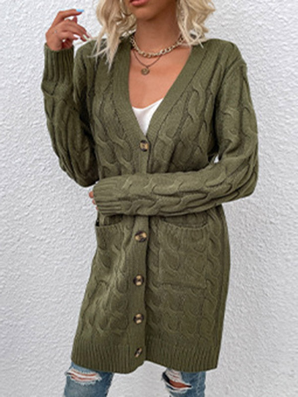 Urban Simple Loose Buttoned Solid Color Jacquard Cardigan Coat