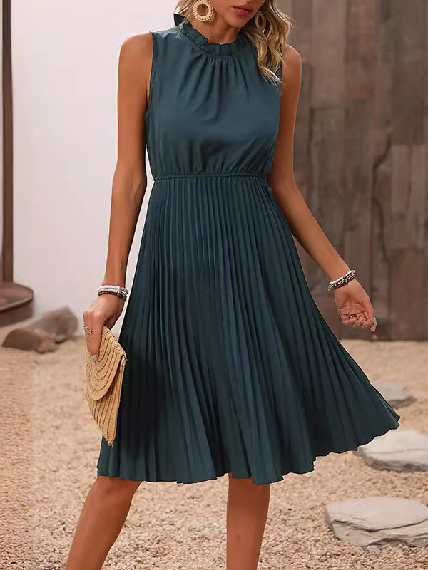 Loose Sleeveless Pleated Solid Color Split-Joint Mock Neck Midi Dresses