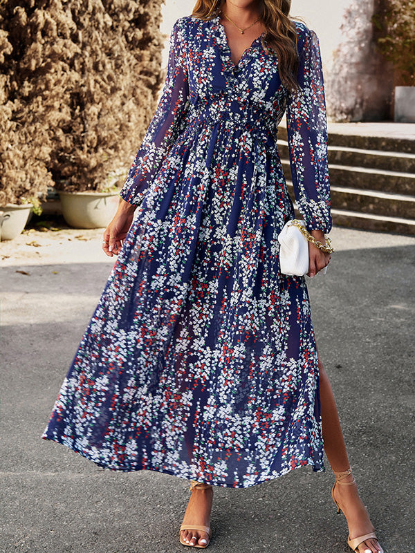 A-Line High Waisted Flower Print Ruffled Split-Joint Deep V-Neck Maxi Dresses