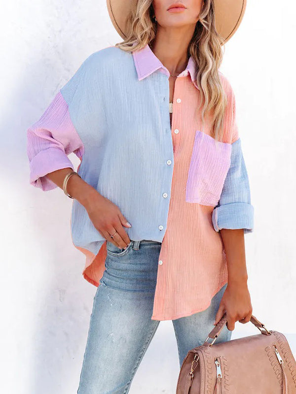 Casual Long Sleeves Contrast Color Split-Joint Lapel Blouses