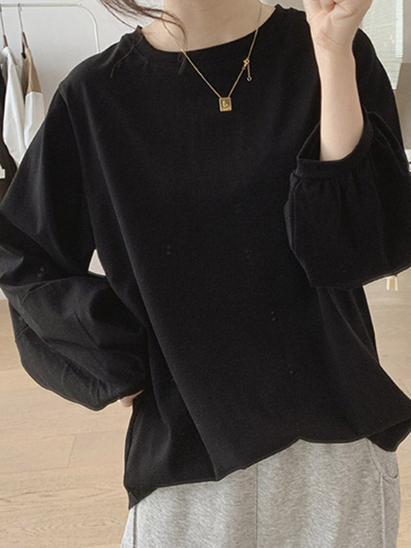 Long Sleeves Loose Pleated Solid Color Round-Neck T-Shirts Tops