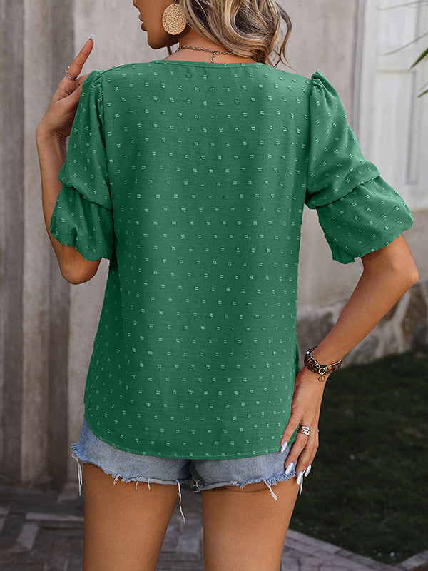 Puff Sleeves Wrap Jacquard Solid Color V-Neck T-Shirts Tops