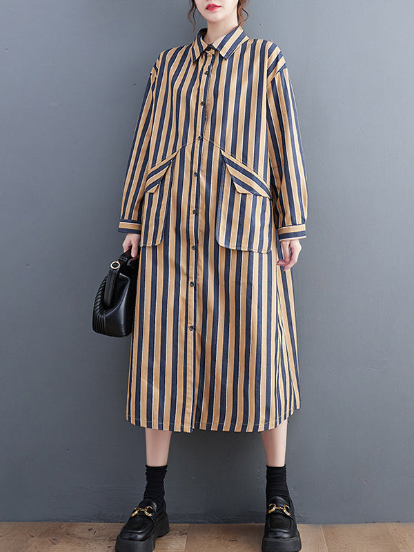 Original Loose Long Sleeves Buttoned Striped Lapel Collar Midi Shirt Dresses