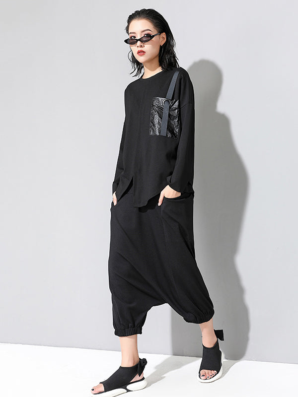 Fashion Loose Long Sleeves Split-Front Round-Neck T-Shirts Tops