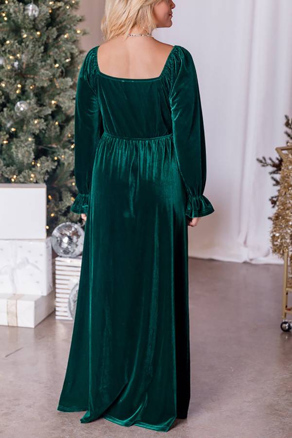 Holiday Magic Velvet Emerald Ruched Maxi Dress