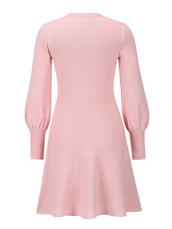 Puff Sleeves Wrap Solid Color Round-Neck Sweater Dress