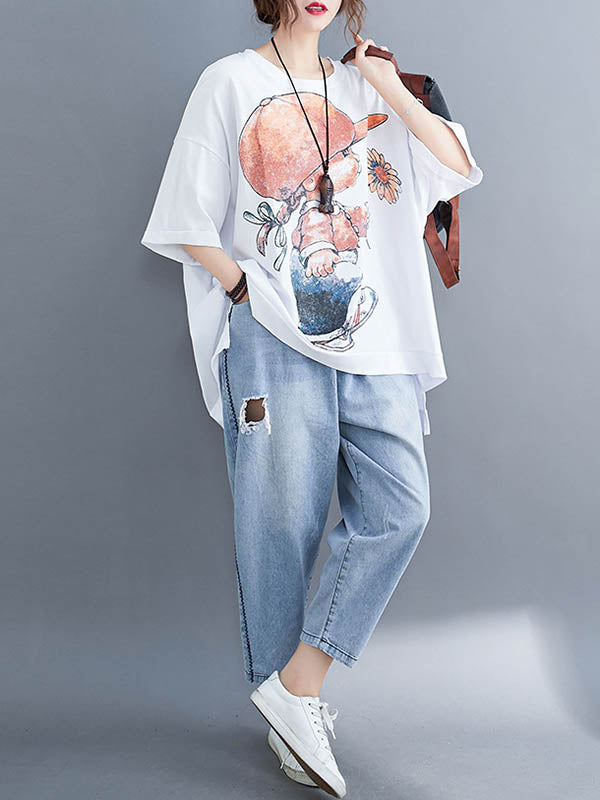 Original Cartoon Printed Round-Neck T-Shirts Tops