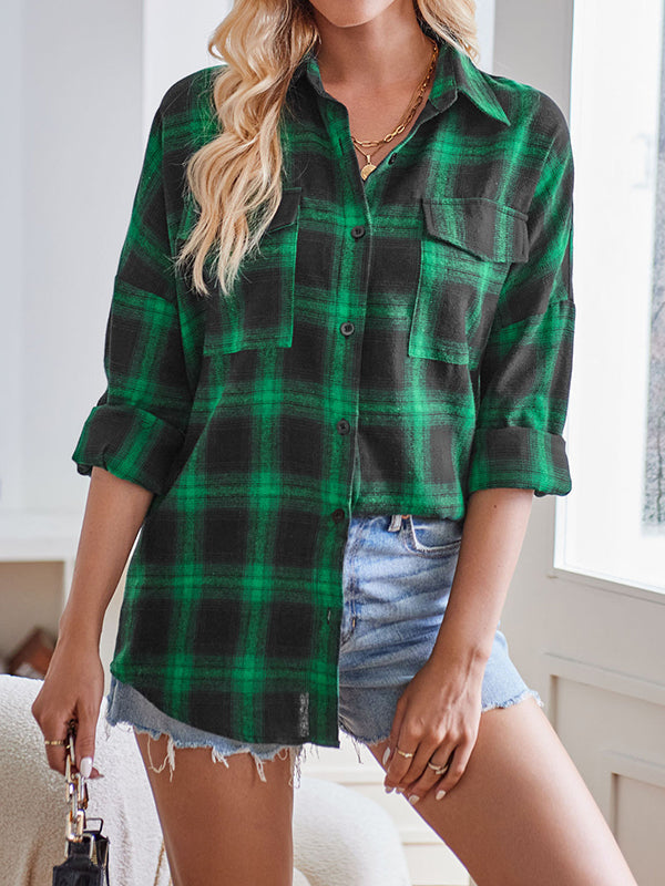 Long Sleeves Loose Buttoned Plaid Pockets Split-Joint Lapel Blouses&Shirts Tops