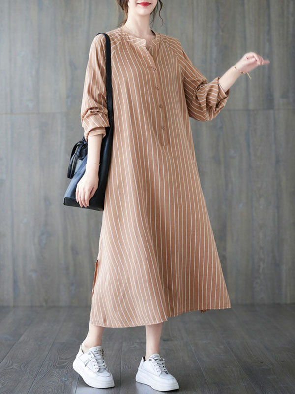 Long Sleeves Loose Buttoned Split-Side Striped Round-Neck Midi Dresses Shirt Dress