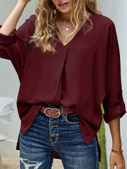 High-Low Loose Buttoned Solid Color V-Neck T-Shirts Tops