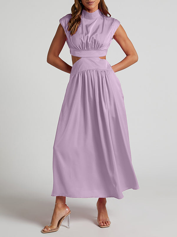 Cap Sleeve Belly-Hollow Pleated Solid Color Stand Collar Maxi Dresses